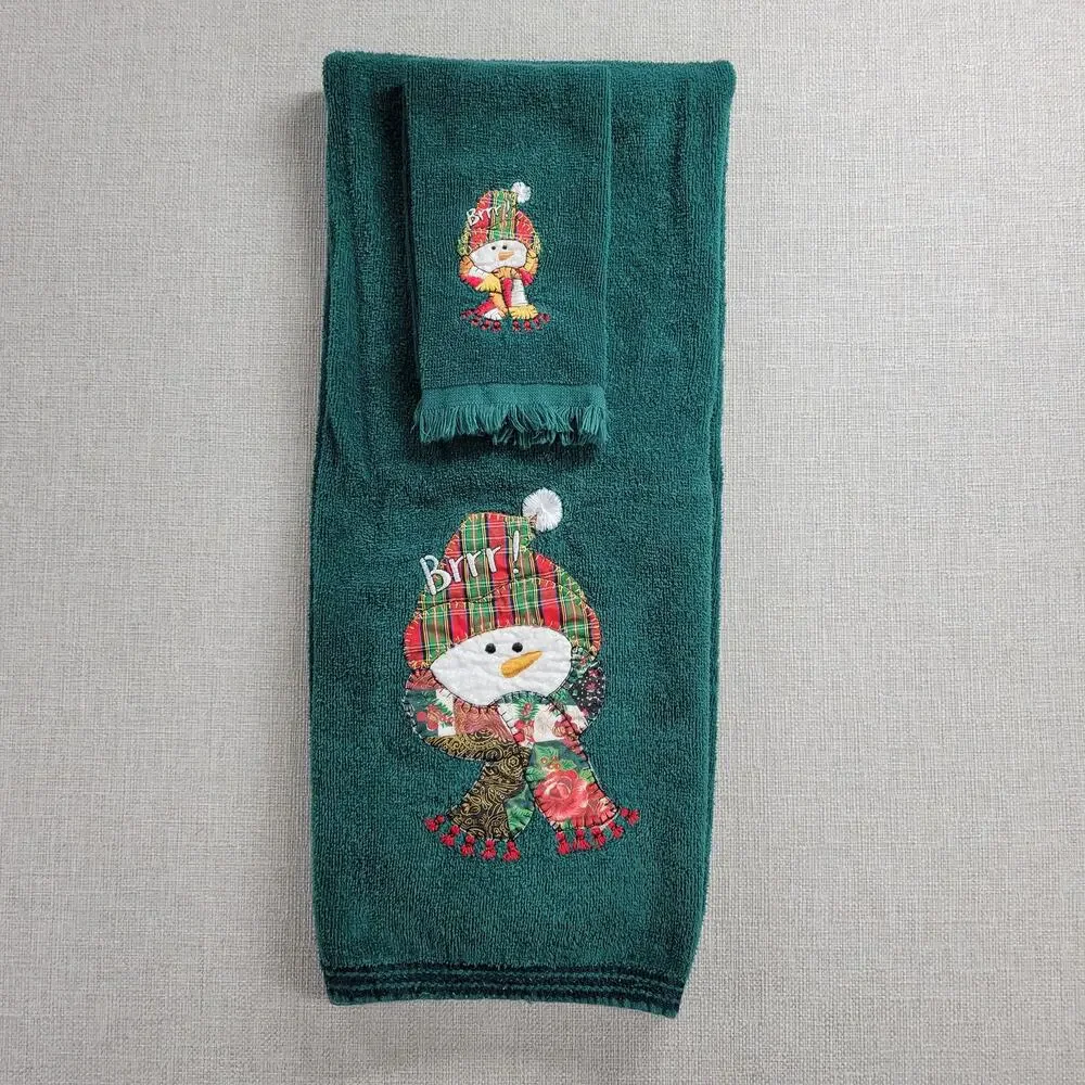 Vintage Cotton Terry Cloth Holiday Towel 2pcs Set Green Winter Snowman Holiday